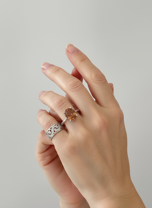 Rectangular sultanite solitaire ring